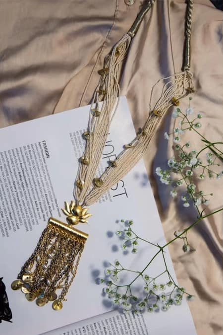 Shop Hetal Shah Gold Plated Pearls Lotus Chain Necklace at Aza Fashions Shop_Hetal Shah_Gold Plated Pearls Lotus Chain Necklace _at_Aza_Fashions