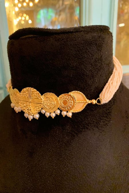 Shop Hetal Shah Gold Plated Coin Carved Choker Necklace at Aza Fashions Shop_Hetal Shah_Gold Plated Coin Carved Choker Necklace _at_Aza_Fashions