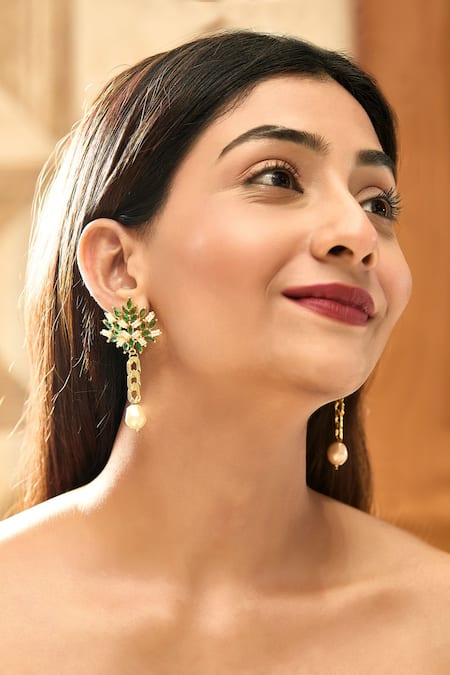 Shop Hetal Shah Green Stones, Pearls Emerald Drop Earrings at Aza Fashions Shop_Hetal Shah_Green Stones, Pearls Emerald Drop Earrings _at_Aza_Fashions