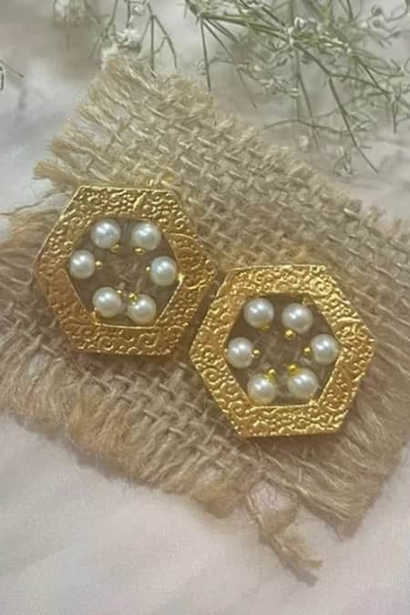 Shop Hetal Shah Gold Plated Pearls Hexagon Shaped Studs at Aza Fashions Shop_Hetal Shah_Gold Plated Pearls Hexagon Shaped Studs _at_Aza_Fashions
