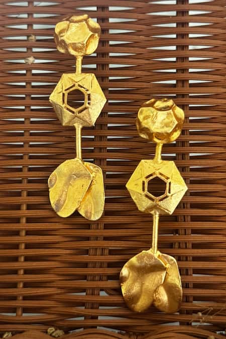 Shop Hetal Shah Gold Plated Stones Honeycomb Geometric Earrings at Aza Fashions Shop_Hetal Shah_Gold Plated Stones Honeycomb Geometric Earrings _at_Aza_Fashions