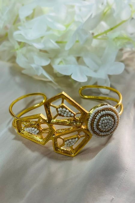 Shop Hetal Shah Gold Plated Pearls Embellished Lantern Bracelet at Aza Fashions Shop_Hetal Shah_Gold Plated Pearls Embellished Lantern Bracelet _at_Aza_Fashions
