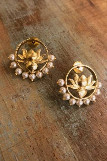 Shop Hetal Shah Gold Plated Pearls Embellished Lotus Studs at Aza Fashions Shop_Hetal Shah_Gold Plated Pearls Embellished Lotus Studs _at_Aza_Fashions