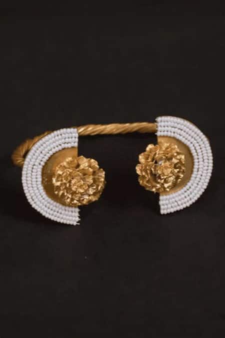Shop Hetal Shah Gold Plated Pearls Embellished Floral Bracelet at Aza Fashions Shop_Hetal Shah_Gold Plated Pearls Embellished Floral Bracelet _at_Aza_Fashions