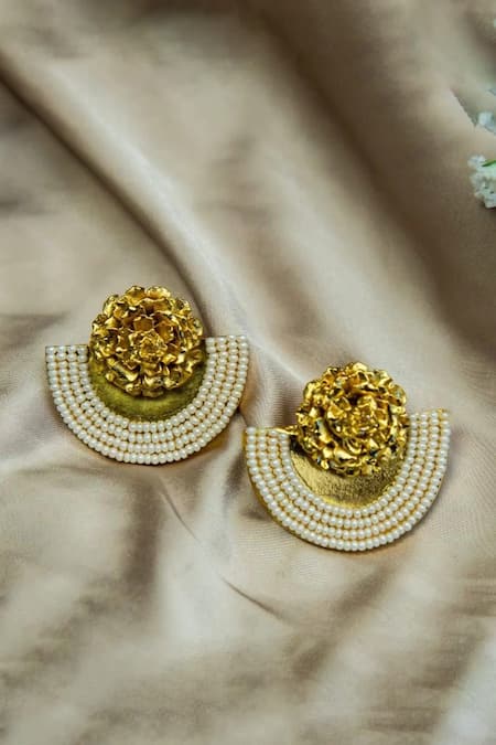 Shop Hetal Shah Gold Plated Pearls Floral Embellished Stud Earrings at Aza Fashions Shop_Hetal Shah_Gold Plated Pearls Floral Embellished Stud Earrings _at_Aza_Fashions