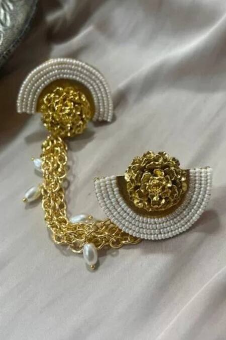 Shop Hetal Shah Gold Plated Pearls Floral Carved Embellished Ring at Aza Fashions Shop_Hetal Shah_Gold Plated Pearls Floral Carved Embellished Ring _at_Aza_Fashions