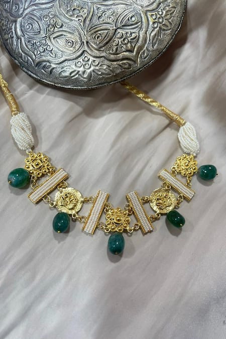 Shop Hetal Shah Gold Plated Mini Coin Carved Choker Necklace at Aza Fashions Shop_Hetal Shah_Gold Plated Mini Coin Carved Choker Necklace _at_Aza_Fashions