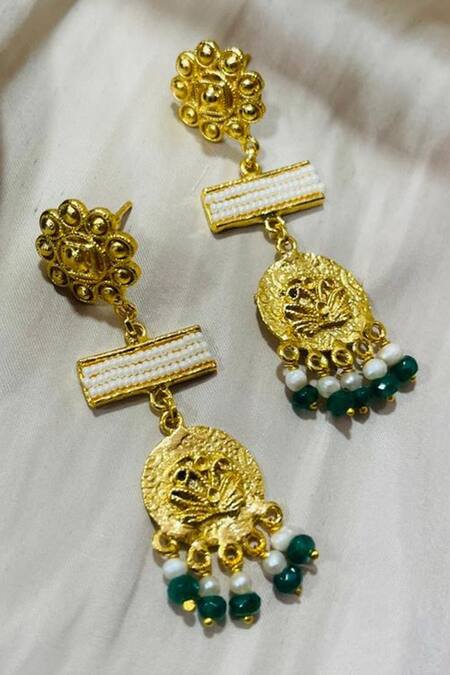 Shop Hetal Shah Gold Plated Pearls Embellished Danglers at Aza Fashions Shop_Hetal Shah_Gold Plated Pearls Embellished Danglers _at_Aza_Fashions