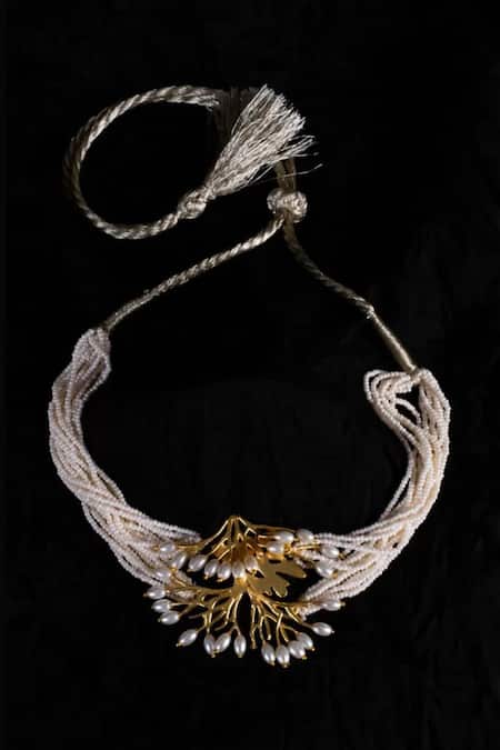 Shop Hetal Shah Gold Plated Pearl Embellished Multistrand Carved Choker Necklace at Aza Fashions Shop_Hetal Shah_Gold Plated Pearl Embellished Multistrand Carved Choker Necklace _at_Aza_Fashions