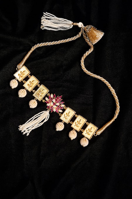 Shop Hetal Shah Gold Plated Pearl And Ruby Stone Embellished Choker at Aza Fashions Shop_Hetal Shah_Gold Plated Pearl And Ruby Stone Embellished Choker _at_Aza_Fashions