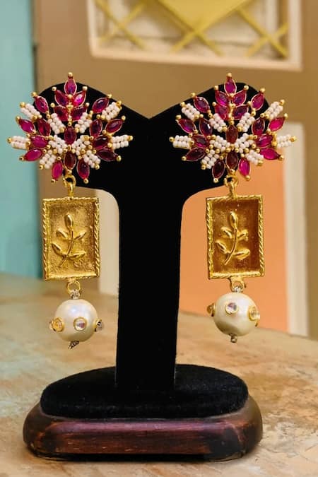 Shop Hetal Shah Gold Plated Rhinestones, Pearls Ruby Stone And Drop Earrings at Aza Fashions Shop_Hetal Shah_Gold Plated Rhinestones, Pearls Ruby Stone And Drop Earrings _at_Aza_Fashions