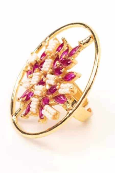 Shop Hetal Shah Gold Plated Rhinestones, Pearls Ruby Stone And Embellished Ring at Aza Fashions Shop_Hetal Shah_Gold Plated Rhinestones, Pearls Ruby Stone And Embellished Ring _at_Aza_Fashions