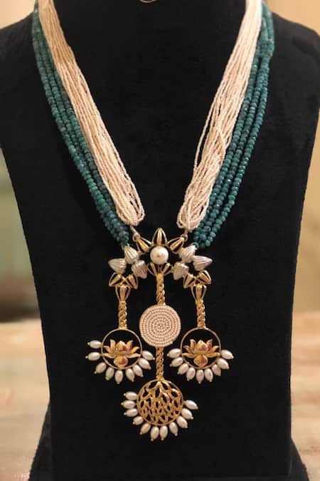 Shop Hetal Shah Gold Plated Pearl Lotus Ring Trio Necklace at Aza Fashions Shop_Hetal Shah_Gold Plated Pearl Lotus Ring Trio Necklace _at_Aza_Fashions