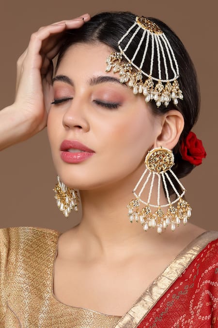 Shop Dugran By Dugristyle Gold Plated Pearls Kundan Drop Earrings at Aza Fashions Shop_Dugran By Dugristyle_Gold Plated Pearls Kundan Drop Earrings _at_Aza_Fashions