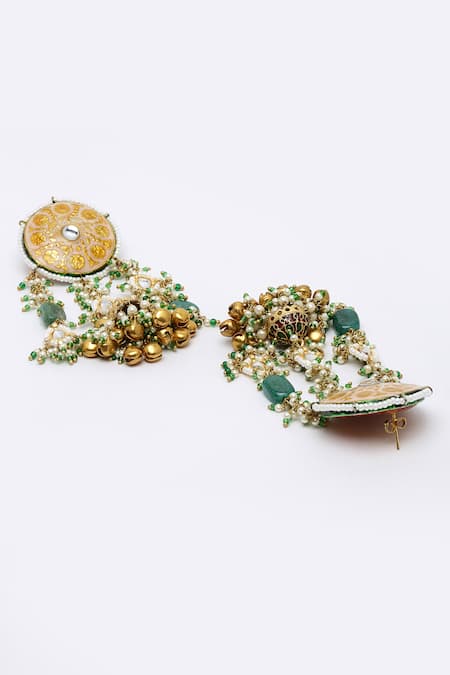 Dugran By Dugristyle_Cream Pearls, Fabric Flowers, Stones Gold Plated Orchid Bloom Jhumka Earrings _Online_at_Aza_Fashions