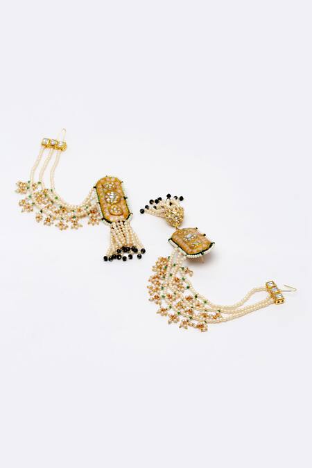 Dugran By Dugristyle Gold Plated Pearls, Metallic Thread, Diamonds Phoolbahar Dangler Jhumka Earrings Online at Aza Fashions Dugran By Dugristyle_Gold Plated Pearls, Metallic Thread, Diamonds Phoolbahar Dangler Jhumka Earrings _Online_at_Aza_Fashions