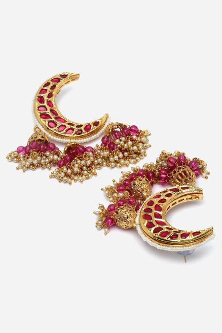 Dugran By Dugristyle_Gold Plated Pearls, Beads Kundan Embellished Crescent Earrings _Online_at_Aza_Fashions