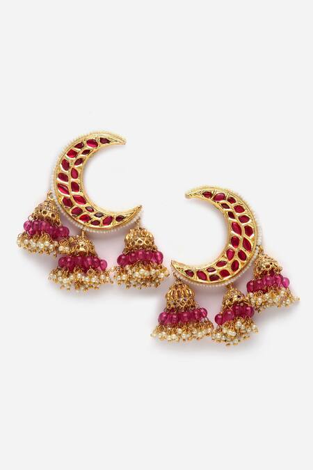 Buy_Dugran By Dugristyle_Gold Plated Pearls, Beads Kundan Embellished Crescent Earrings _Online_at_Aza_Fashions