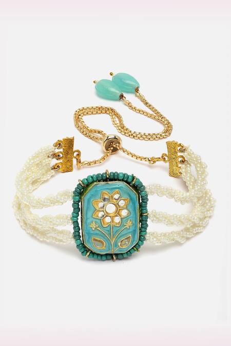 Buy_Dugran By Dugristyle_Gold Plated Pearls, Stones Floral Meenakari Bracelet With Chains _Online_at_Aza_Fashions