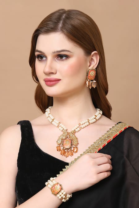 Shop Dugran By Dugristyle Gold Plated Pearls, Stones Meenakari Floral Bracelet at Aza Fashions Shop_Dugran By Dugristyle_Gold Plated Pearls, Stones Meenakari Floral Bracelet _at_Aza_Fashions