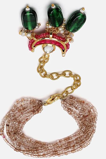 Dugran By Dugristyle_Gold Plated Pearls, Stones Half Moon Kundan Bracelet With Bead Tassels _Online_at_Aza_Fashions