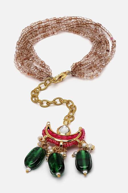 Buy_Dugran By Dugristyle_Gold Plated Pearls, Stones Half Moon Kundan Bracelet With Bead Tassels _Online_at_Aza_Fashions