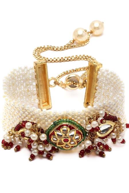 Dugran By Dugristyle Gold Plated Pearls, Rhinestones Kundan Multi-chain Bracelet Online at Aza Fashions Dugran By Dugristyle_Gold Plated Pearls, Rhinestones Kundan Multi-chain Bracelet _Online_at_Aza_Fashions