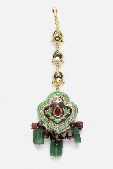 Dugran By Dugristyle_Gold Plated Pearls, Stones Floral Meenakari Maangtikka _Online_at_Aza_Fashions