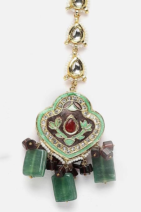 Buy_Dugran By Dugristyle_Gold Plated Pearls, Stones Floral Meenakari Maangtikka _Online_at_Aza_Fashions