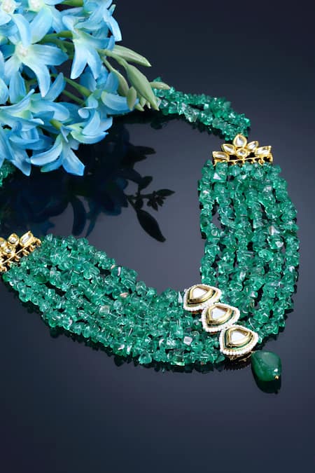Shop Dugran By Dugristyle Gold Plated And Green Kundan Long Necklace at Aza Fashions Shop_Dugran By Dugristyle_Gold Plated And Green Kundan Long Necklace _at_Aza_Fashions