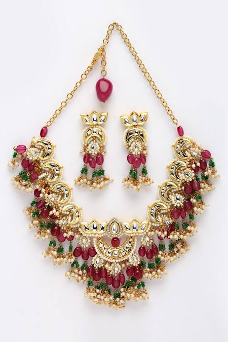 Shop_Dugran By Dugristyle_Gold Plated Pearls, Stones Kundan Necklace Set _Online_at_Aza_Fashions