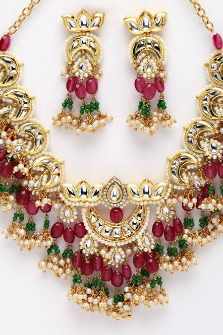 Dugran By Dugristyle_Gold Plated Pearls, Stones Kundan Necklace Set _at_Aza_Fashions