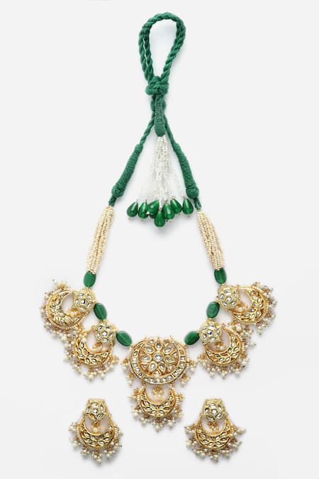 Buy_Dugran By Dugristyle_Gold Plated Pearls And Green Peacock Pendant Necklace Set _Online_at_Aza_Fashions