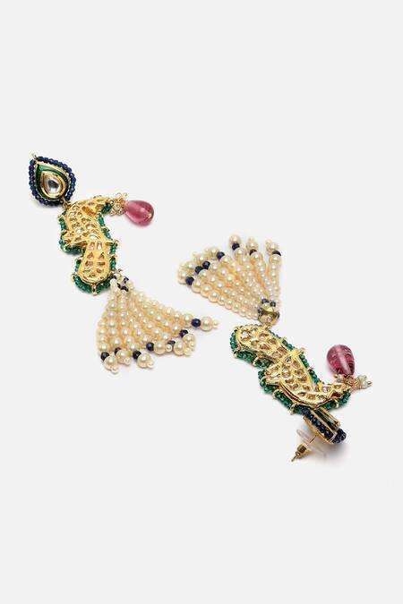 Dugran By Dugristyle_Gold Plated Pearls, Diamonds, Stones Peacock Pendant Necklace Set _Online_at_Aza_Fashions