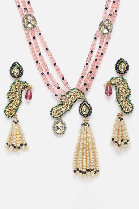 Shop_Dugran By Dugristyle_Gold Plated Pearls, Diamonds, Stones Peacock Pendant Necklace Set _Online_at_Aza_Fashions