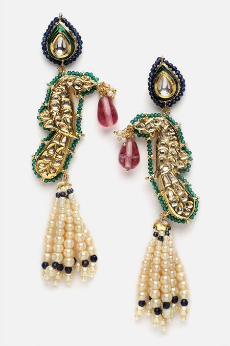 Dugran By Dugristyle_Gold Plated Pearls, Diamonds, Stones Peacock Pendant Necklace Set _at_Aza_Fashions