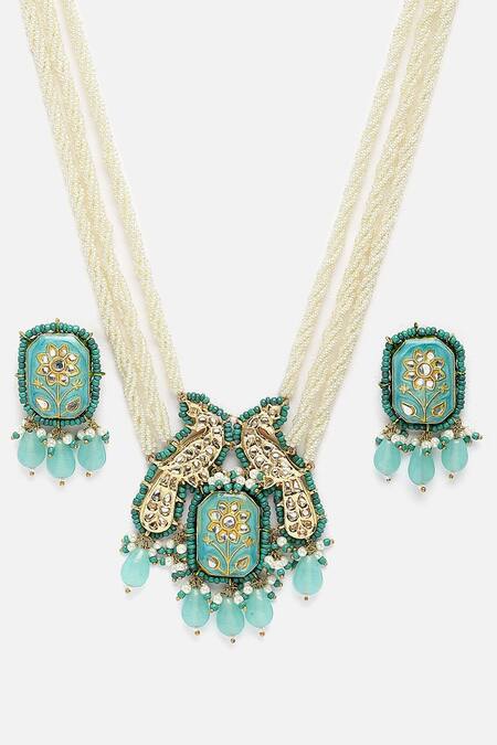 Shop Dugran By Dugristyle Gold Plated Pearls, Stones Peacock Pendant Necklace Set Online at Aza Fashions Shop_Dugran By Dugristyle_Gold Plated Pearls, Stones Peacock Pendant Necklace Set _Online_at_Aza_Fashions