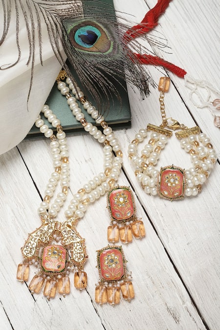 Dugran By Dugristyle Gold Multi Color Kundan Pearl Necklace Set 