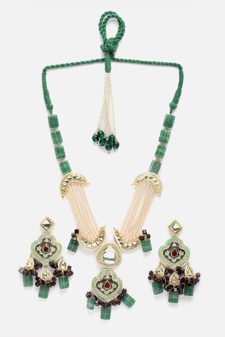Dugran By Dugristyle Gold Plated Pearls, Diamonds, Stones Natural Embellished Necklace Set Online at Aza Fashions Dugran By Dugristyle_Gold Plated Pearls, Diamonds, Stones Natural Embellished Necklace Set _Online_at_Aza_Fashions