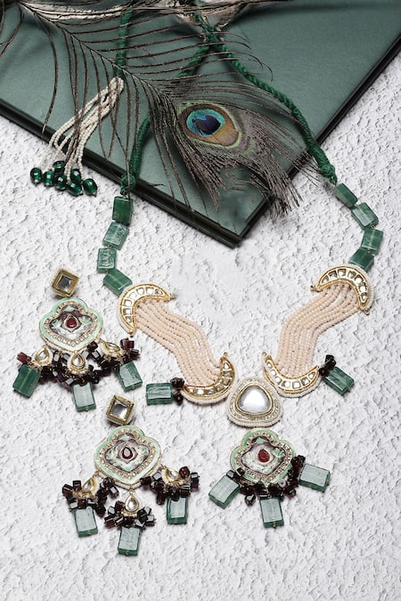 Shop Dugran By Dugristyle Gold Plated Pearls, Diamonds, Stones Natural Embellished Necklace Set at Aza Fashions Shop_Dugran By Dugristyle_Gold Plated Pearls, Diamonds, Stones Natural Embellished Necklace Set _at_Aza_Fashions