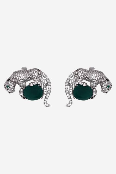 Buy_Dugran By Dugristyle_Silver Plated Crystals, Stones Gila Jaguar Shaped Stud Earrings _Online_at_Aza_Fashions