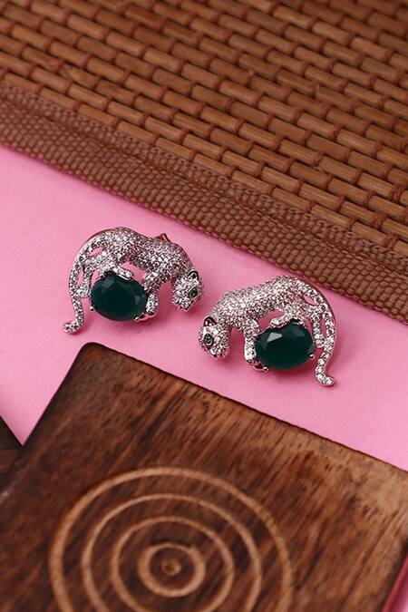 Shop_Dugran By Dugristyle_Silver Plated Crystals, Stones Gila Jaguar Shaped Stud Earrings _Online_at_Aza_Fashions