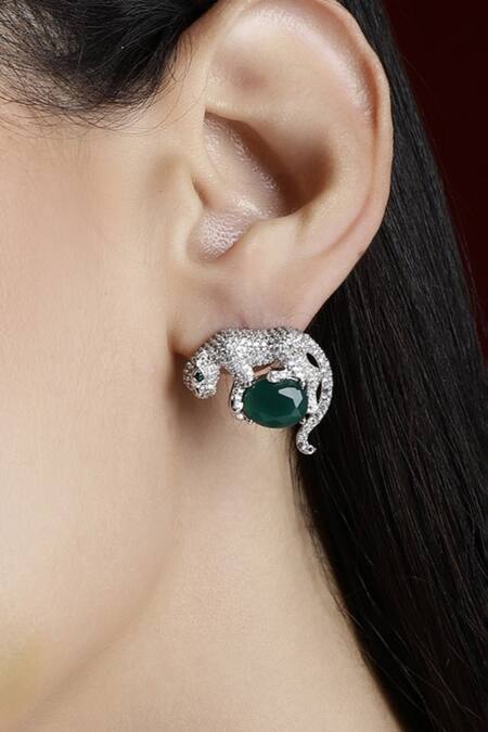 Dugran By Dugristyle_Silver Plated Crystals, Stones Gila Jaguar Shaped Stud Earrings _at_Aza_Fashions