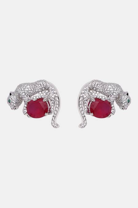 Buy_Dugran By Dugristyle_Silver Plated Rhinestones, Stones Ruby Embellished Stud Earrings _Online_at_Aza_Fashions