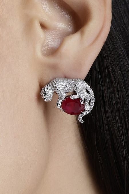 Shop_Dugran By Dugristyle_Silver Plated Rhinestones, Stones Ruby Embellished Stud Earrings _Online_at_Aza_Fashions