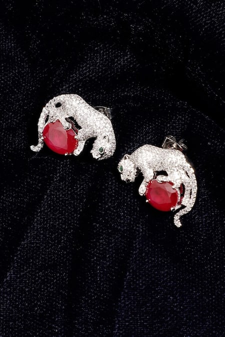 Shop Dugran By Dugristyle Silver Plated Rhinestones, Stones Ruby Embellished Stud Earrings at Aza Fashions Shop_Dugran By Dugristyle_Silver Plated Rhinestones, Stones Ruby Embellished Stud Earrings _at_Aza_Fashions