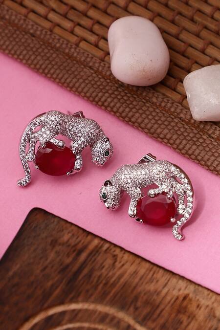 Dugran By Dugristyle_Silver Plated Rhinestones, Stones Ruby Embellished Stud Earrings _at_Aza_Fashions