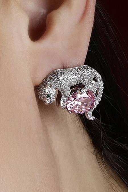 Shop_Dugran By Dugristyle_Silver Plated Crystals, Stones Gila Jaguar Stud Earrings _Online_at_Aza_Fashions