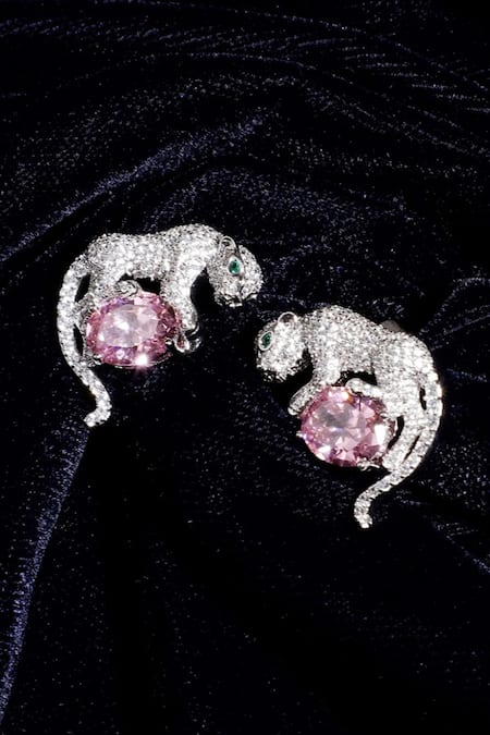 Shop Dugran By Dugristyle Silver Plated Crystals, Stones Gila Jaguar Stud Earrings at Aza Fashions Shop_Dugran By Dugristyle_Silver Plated Crystals, Stones Gila Jaguar Stud Earrings _at_Aza_Fashions