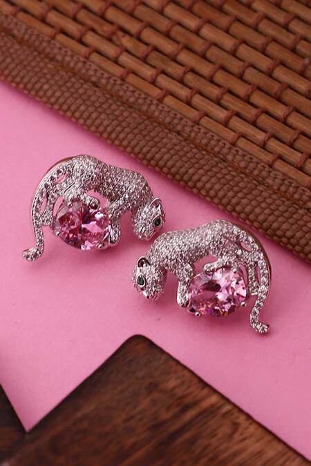 Dugran By Dugristyle_Silver Plated Crystals, Stones Gila Jaguar Stud Earrings _at_Aza_Fashions